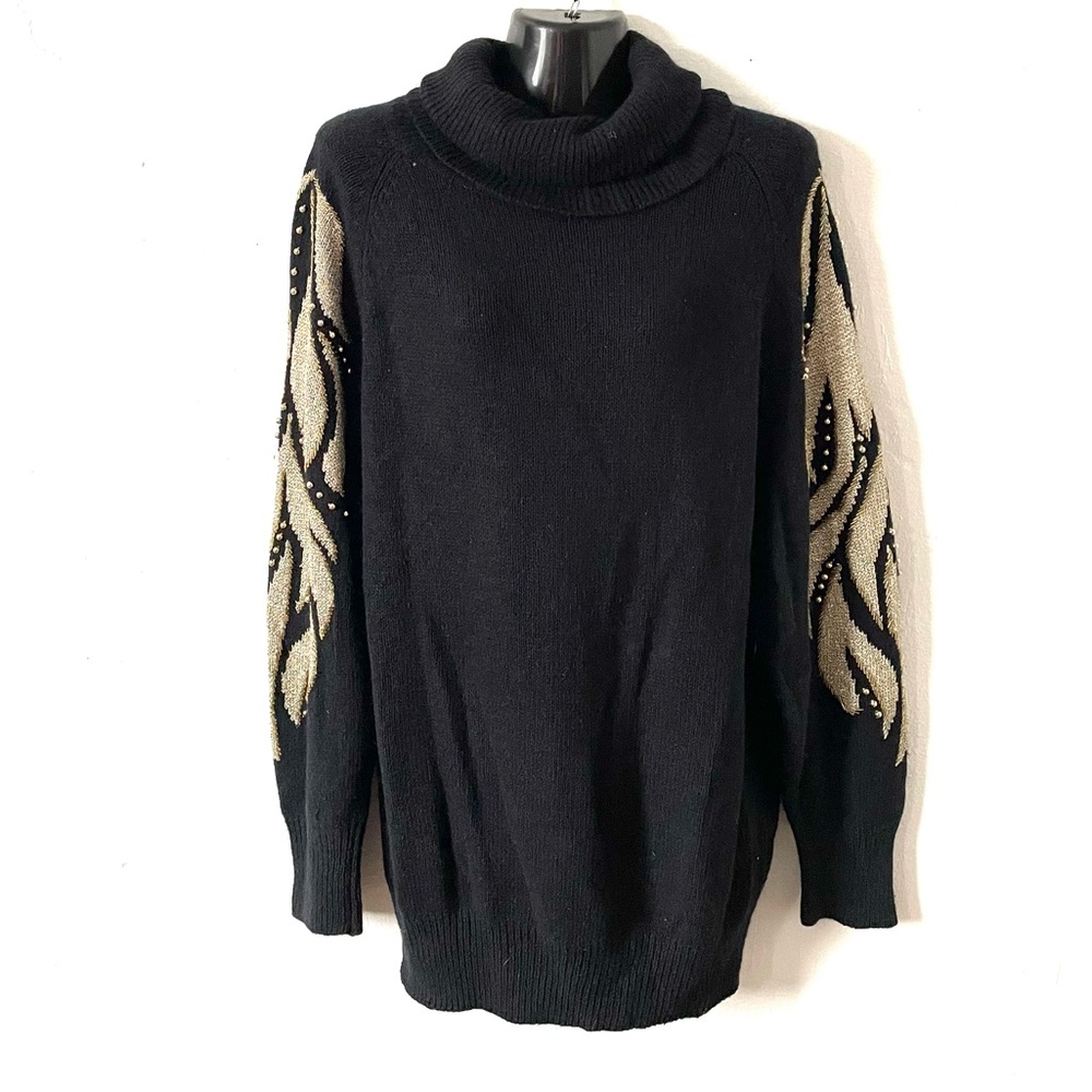 Vtg Eminent blended Silk golden fire beaded turtleneck ribbed knit sweater